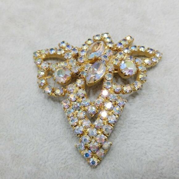 Vintage Large Aurora Borealis Clear Rhinestone Leaves Brooch, Gold Plated, 1960s - Picture 3 of 10